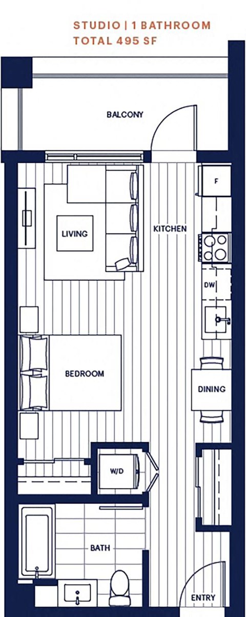 Floor plan for studio, 1 bath, 453 sqft